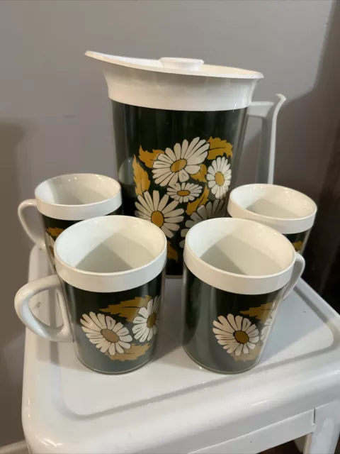 Vintage Set of West Bend Thermo-Serv DAISY Insulated Pitcher and 4 Cups retro