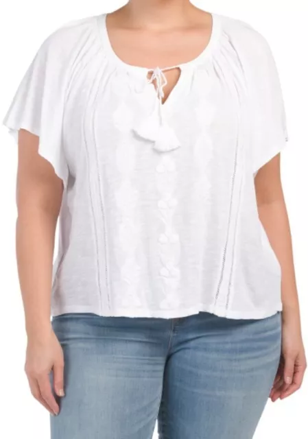 Lucky Brand Women's Embroidered Peasant Blouse Top White Size 2X