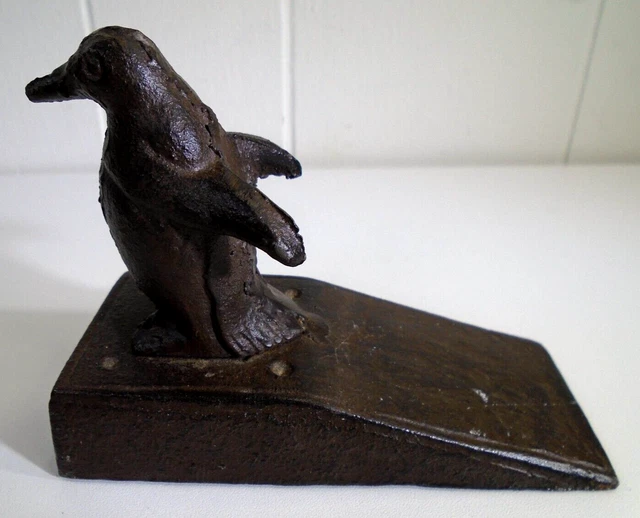 Cast Iron Rustic Penguin Doorstop Wedge Figurine Brown Antique Style