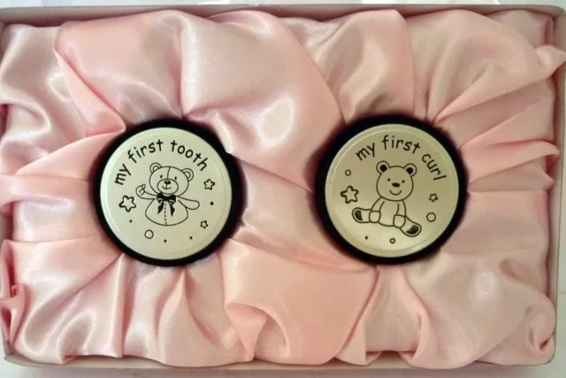 Baby Girl Keepsake "First Curl & First Tooth" Set In Pink Satin Lined Gift Box