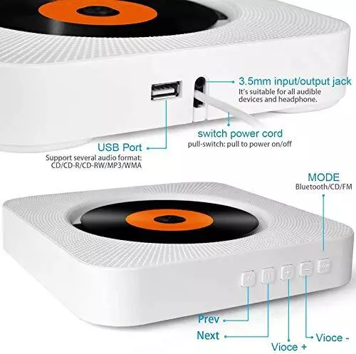 CD Player portable cd player - with Bluetooth Wall Mountable Built-in HiFi Speak