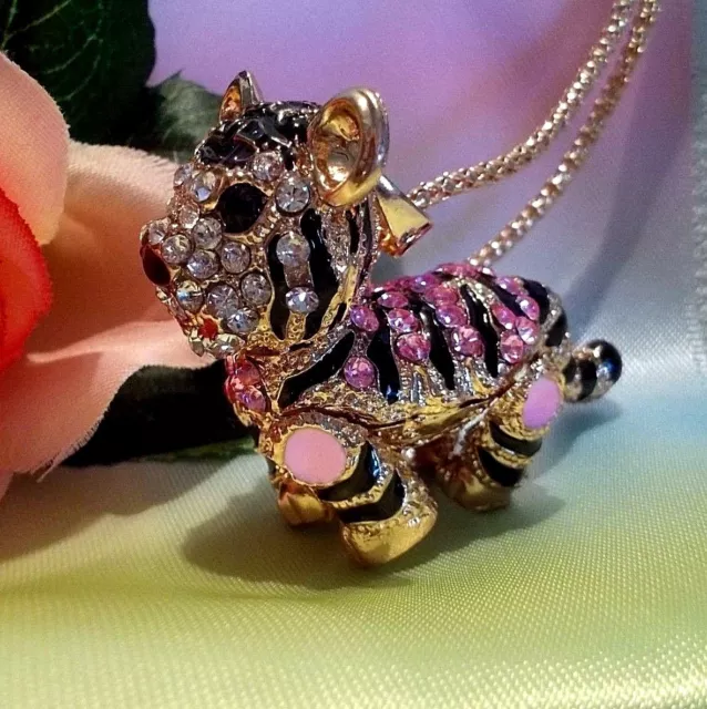 Betsey Johnson Bling - Pink Crystal And Enamel Tiger Pendant Necklace-Moveable