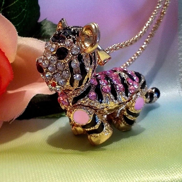 Betsey Johnson Bling - Pink Crystal And Enamel Tiger Pendant Necklace-Moveable