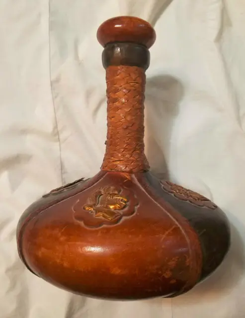 Leather covered glass bottle liquor decanter from Italy tooled vintage rare