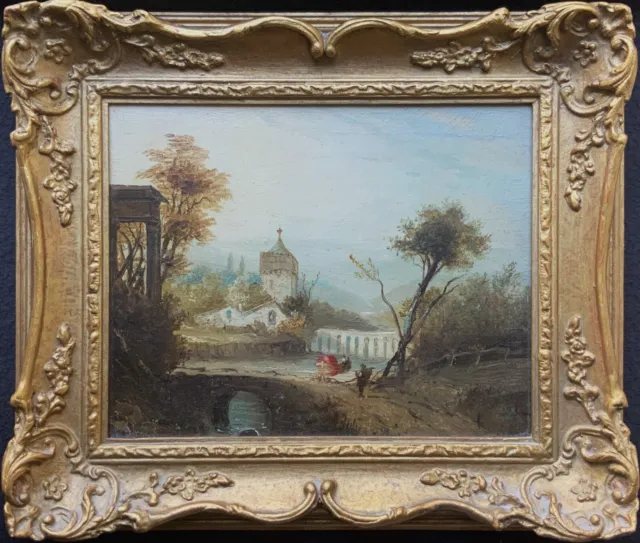 Early 19Th-Century English School Country Landscape Oil On Oak Panel Painting