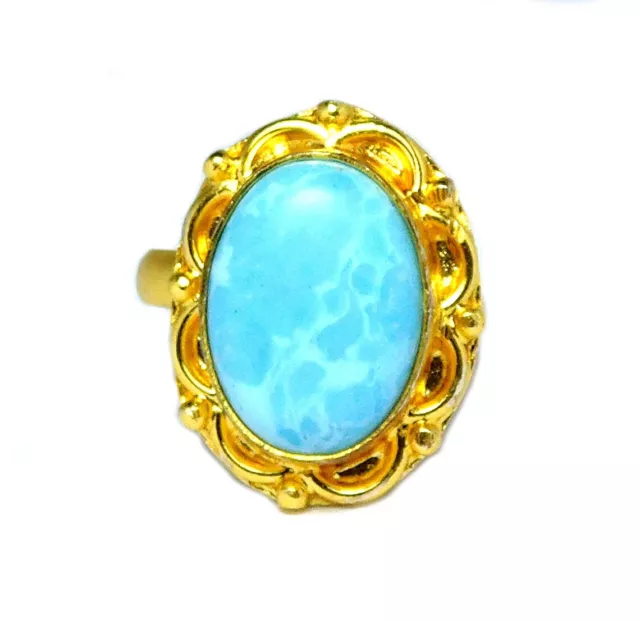 Larimar Rings Gold Plated Handmade Glitter Ring Size-5.5 Rare Gemstone Jewelry