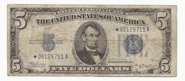 1934-D $5 Dollar Bill Silver Certificate STAR Note 711A-JNI