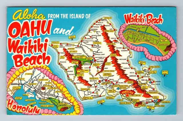 Oahu HI-Hawaii, Aerial General Map Greetings, Landmarks, Vintage Postcard