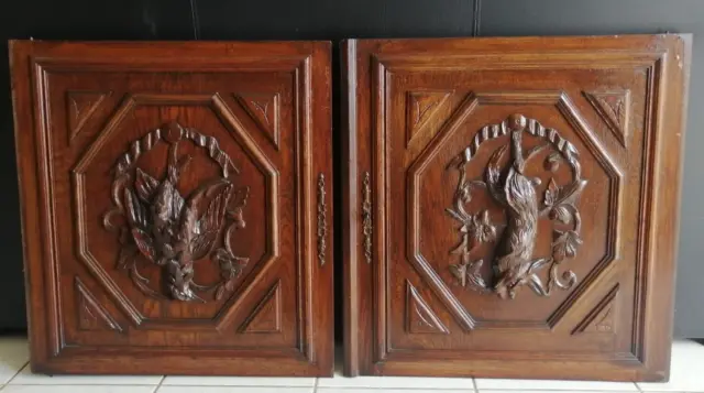 25" Pair French Antique Architectural Hunting Bird Gothic Panel Door Solid Oak