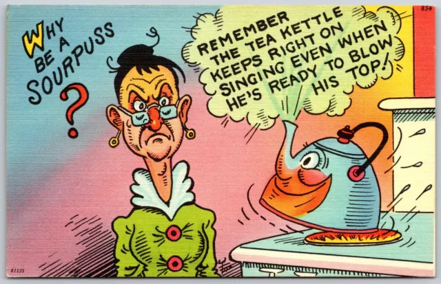 Humor Comic Kettle Anthropomorphic Face Sings Sourpuss Woman Linen Postcard