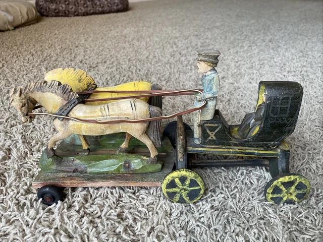 Antique Hand Carved Horse and Buggy Wagon Toy, Painted Wood Folk Art, 12”