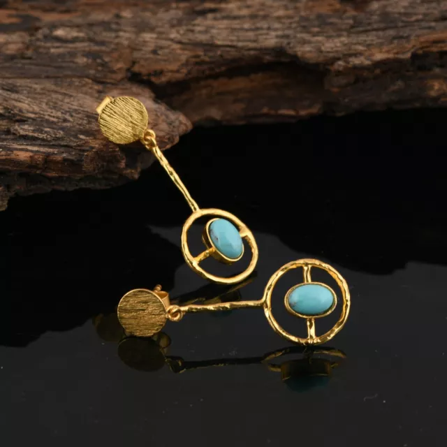 Handmade Yellow Gold Textured Circular & Disc Earrings With Turquoise For Gift 3