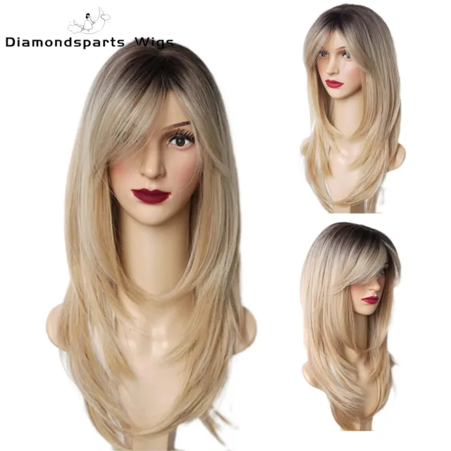 US Light Brown Blonde Hair Wigs with Bangs for Women Long Layer Ombre Daily Use