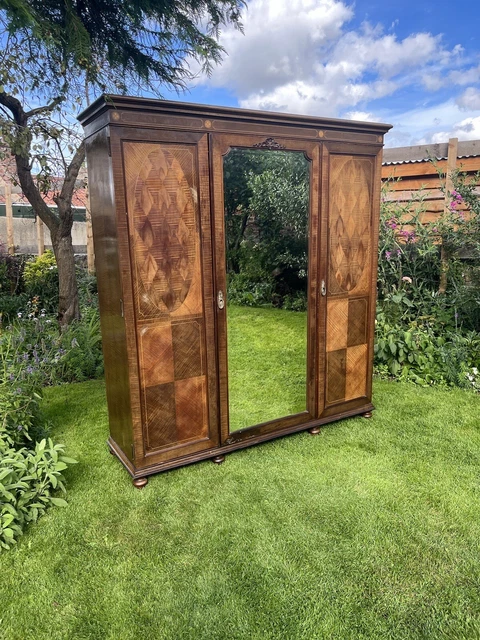 Antique Mahogany Edwardian Inlaid Triple Wardrobe  Linen Press Shelves Mirror