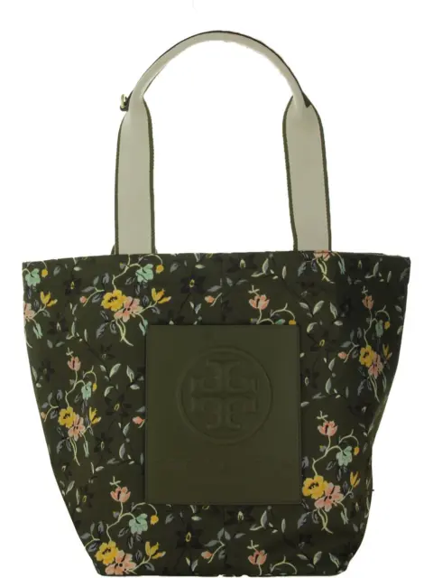 Tory Burch Floral Print Nylon Leather Trim Tote Handbag Khaki Green