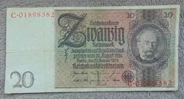 Geldscheine, Banknoten, eine Reichsbanknote über Zwanzig Reichsmark, 1929 Jahr!