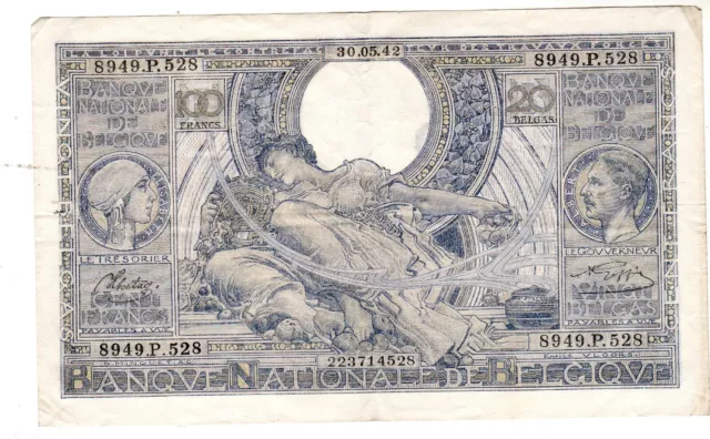 Belgique Belgium Billet 100 Francs  = 20 BELGAS  30/05/1942  P107 VF+ BON ETAT