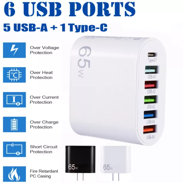 6Port USB Hub Wall Travel Charger Fast Charging Station AC Power Adapter US Plug