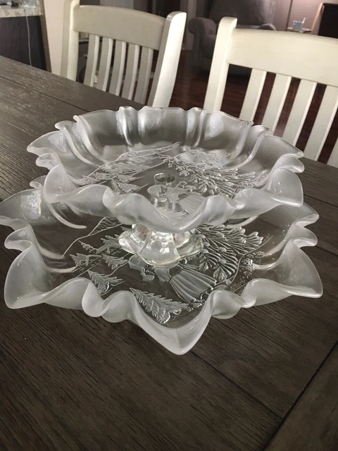 SET OF 2 Mikasa Christmas Story Platter Dish Frosted Glass 10” Large Dish 13.5”
