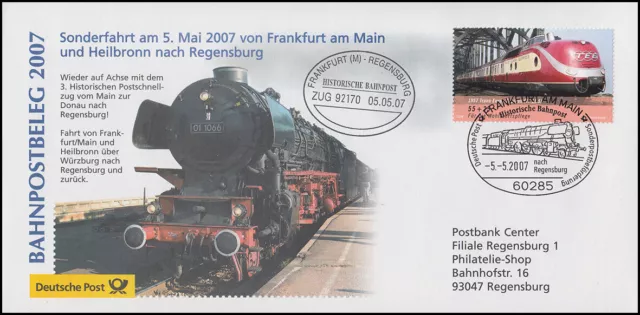 Bahnpostbeleg Sonderfahrt Postschnellzug nach Regensburg SSt FRANKFURT/M. 5.5.07