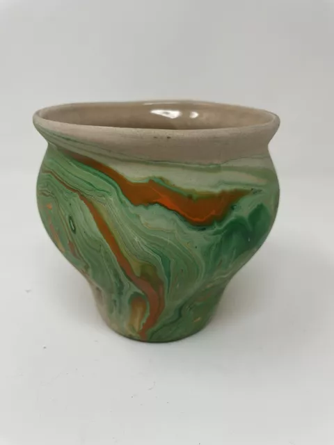 Vintage Nemadji Pottery Vase Planter Green Orange Swirls Signed 4" Tall Lovely