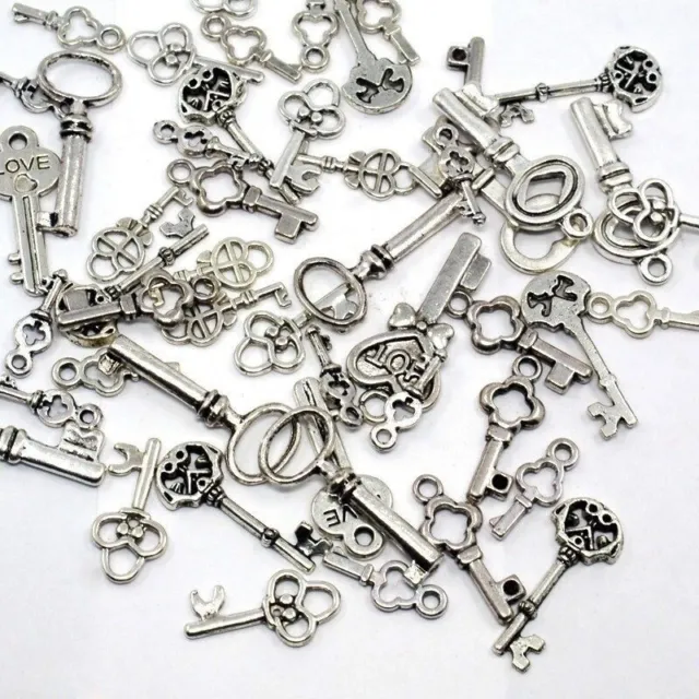 50 Mixed Lot Antique Silver KEY CHARMS Small Sizes 15-30mm 1/4" to 1"+ SteamPunk