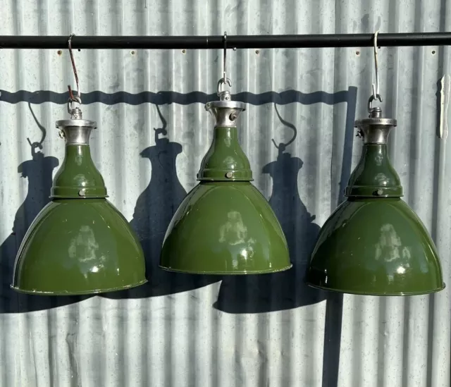 3 Vintage Benjamin Saaflux Green Enamel Pendant Light Lamp Shades Industrial 3
