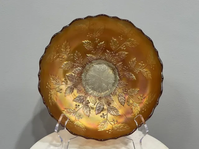 Antique Fenton Holiday Holly Marigold Amber Carnival Glass Scalloped Bowl GUC