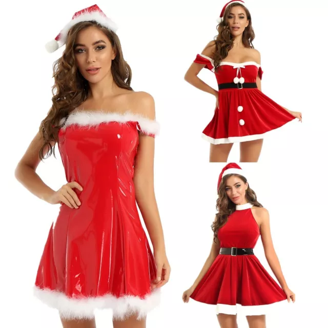 Sexy Santa Christmas Women Outfit Ladies Miss Mrs Claus Fancy Dress Costume& Hat