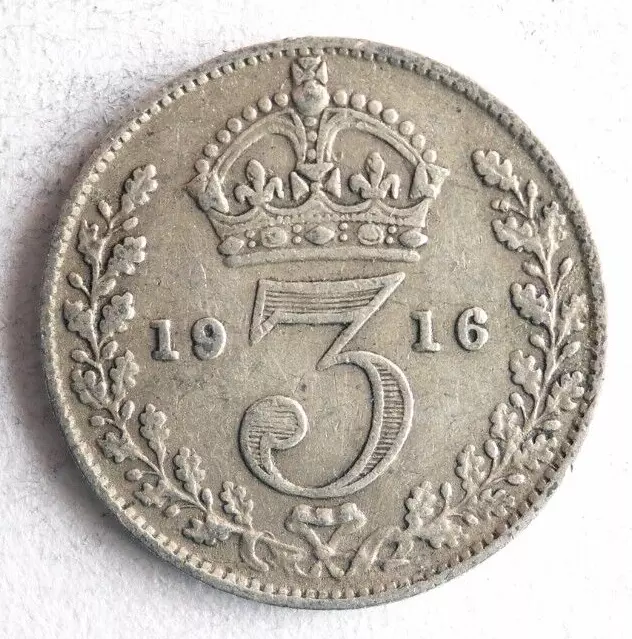 1916 GREAT BRITAIN 3 PENCE - Excellent Silver Coin - FREE SHIP - Bin #149