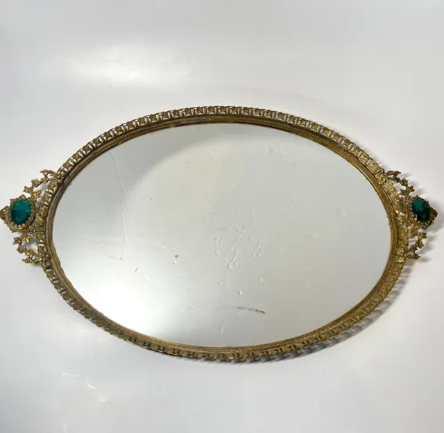 VTG Hollywood Regency Oval Mirrored Tray Filigree Gold-Tone Faux Jewels Lg 17”