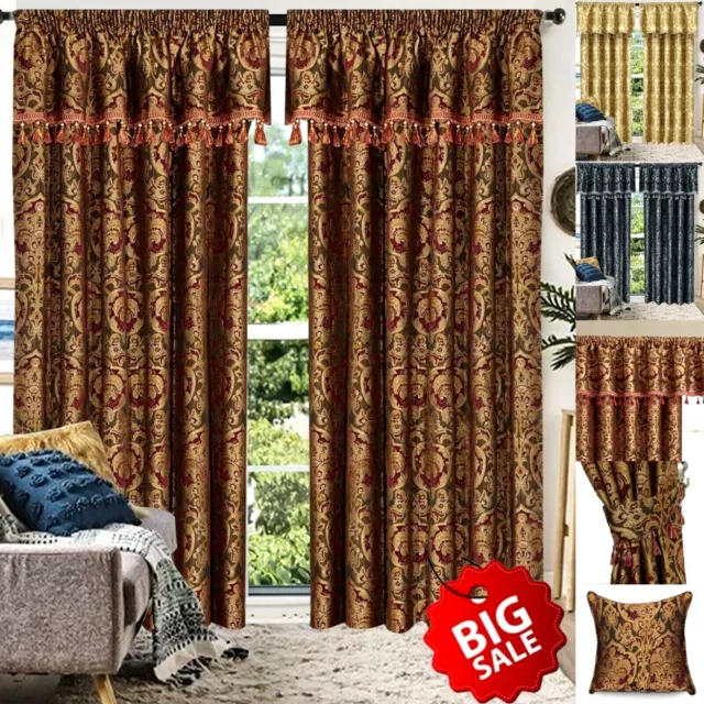 New Fully Lined Luxury Jacquard Pencil Pleat Ready Made Pair Curtains & Tieback*