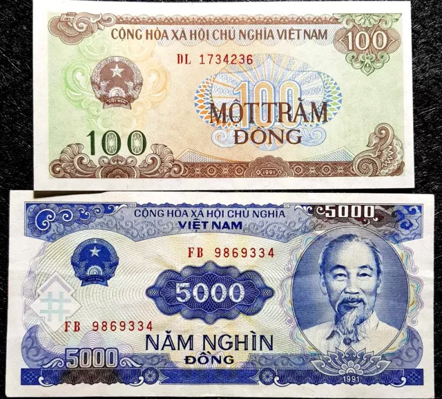 1991 Vietnam 100 & 5000 Dong  banknote AUNC 2pcs(+FREE 1 Bank.note) #D3739