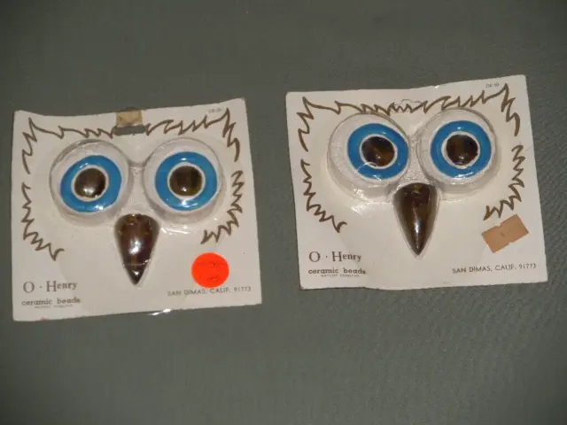 2 Sets Vintage O'Henry Ceramic Owl Face Eyes Beak Macrame Beads Blue White