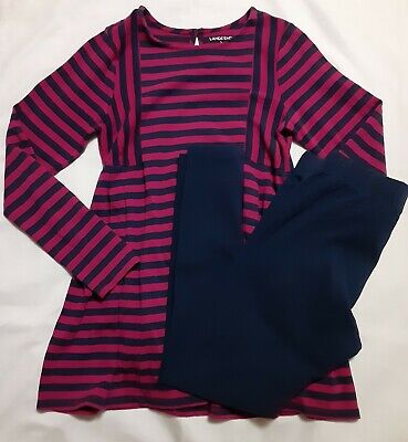 Lands End Fuchsia Pink Navy Blue 2 Pc Outfit Striped Tunic Top Leggings Girls 14