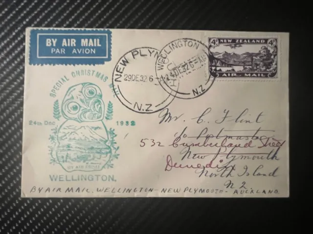 1932 New Zealand Special Christmas Airmail Cover Wellington to Dunedin NZ