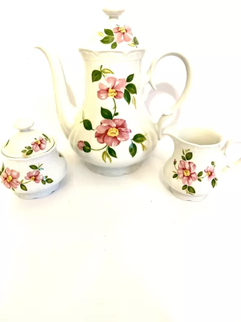 Vintage Mitterteich Bavaria Coffee Tea Pot Creamer Sugar Pink Flowers MIT359
