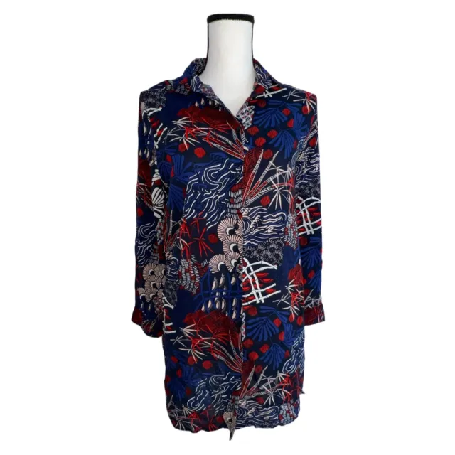 H&M Women Size 6 Red Blue White Shirt Dress Floral Button Front Long Sleeve HM