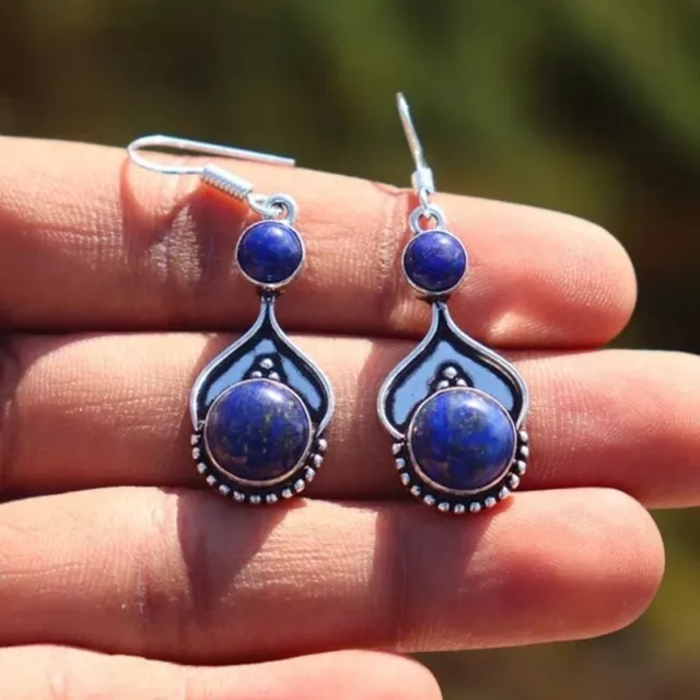 925 Sterling Silver Natural Lapis Lazuli  Round Handmade Genuine Dangle Earrings