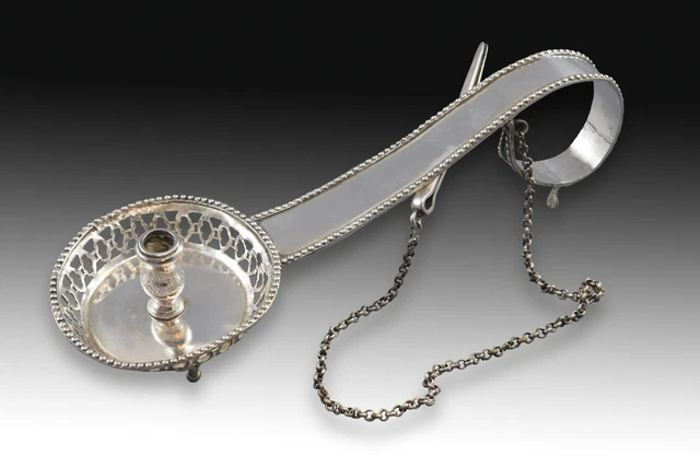 Silver candlestich or candle holder with tongs or tweezers. Barcelona, 19th cent