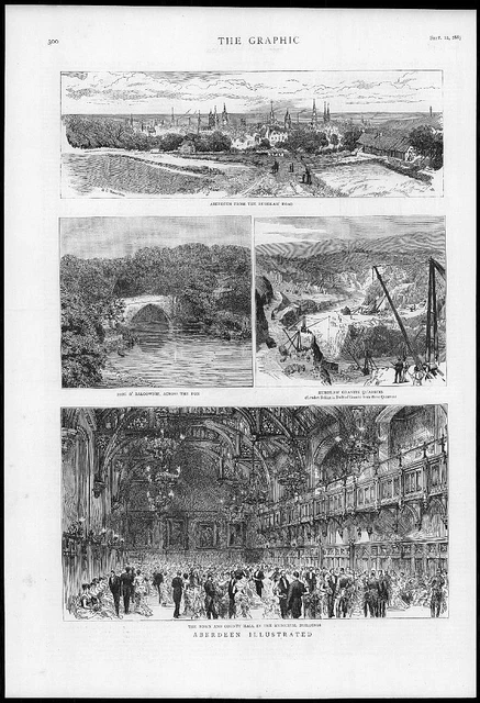 1885 Antique Print - SCOTLAND Aberdeen Town County Hall Brig Balgownie (226)
