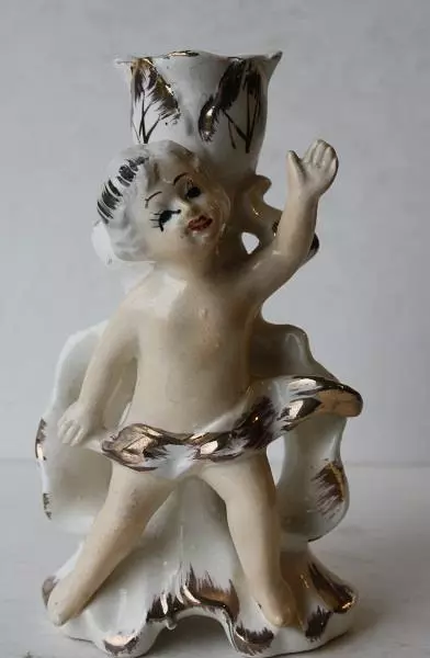 Cherub Angel Cupid Figurine Candle Holder Ceramic Porcelain Gold Trim Unmarked