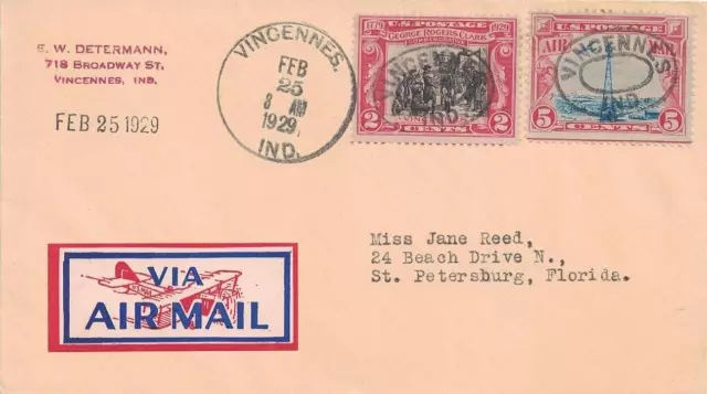 1929 Vincennes, Indiana Cancels - FDC 2¢ Clark, Sc. #651, on Airmail Cover, #C11
