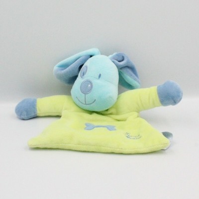 Doudou Tiamo Ti amo  Chien Plat Vert Et Bleu Brodé Os 