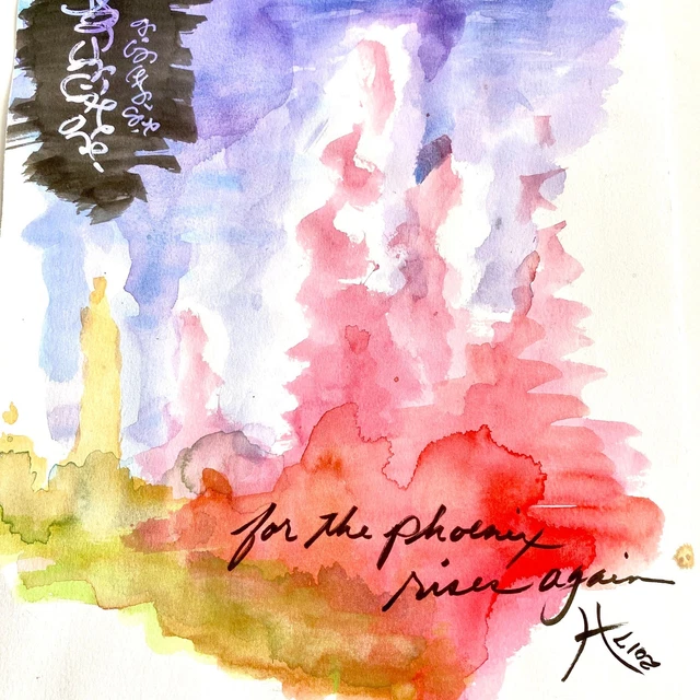 PHOENIX RISING Original Wall Art Watercolor Painting Matted Frame