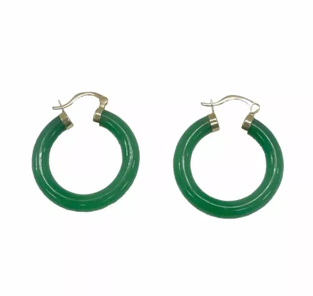 Natural Grade A Jade Moon 14K Yellow Gold Hoop Earrings-Estate Find!