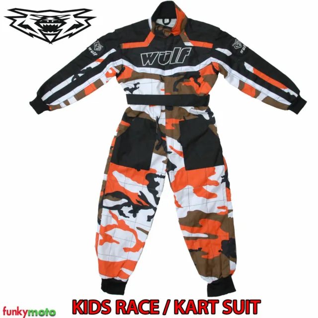 Kids Dirt Bmx Bike Wulf Cub Go-Karting Suit One Peice Camo Orange Motocross Race