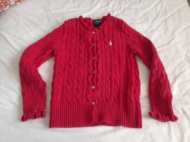 Polo Ralph Lauren Girls Age 7 Cable Knit 100% Cotton Cardigan Cherry Red