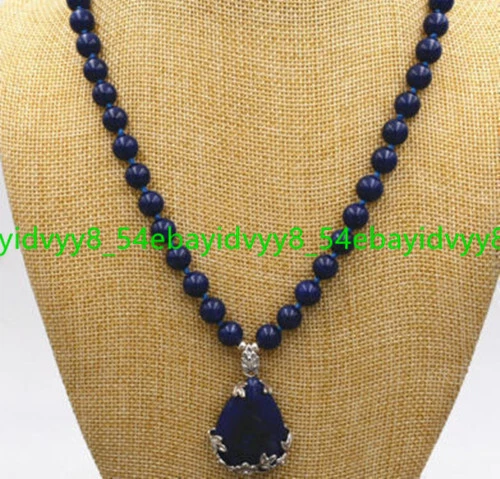 Natural Blue Lapis Lazuli Drop Pendant 8MM Gemstone Round Beads Necklace 18" AAA