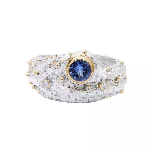 Classic Tanzanite &Diamond 925 Solid Sterling Silver &18k Gold Band Ring Jewelry